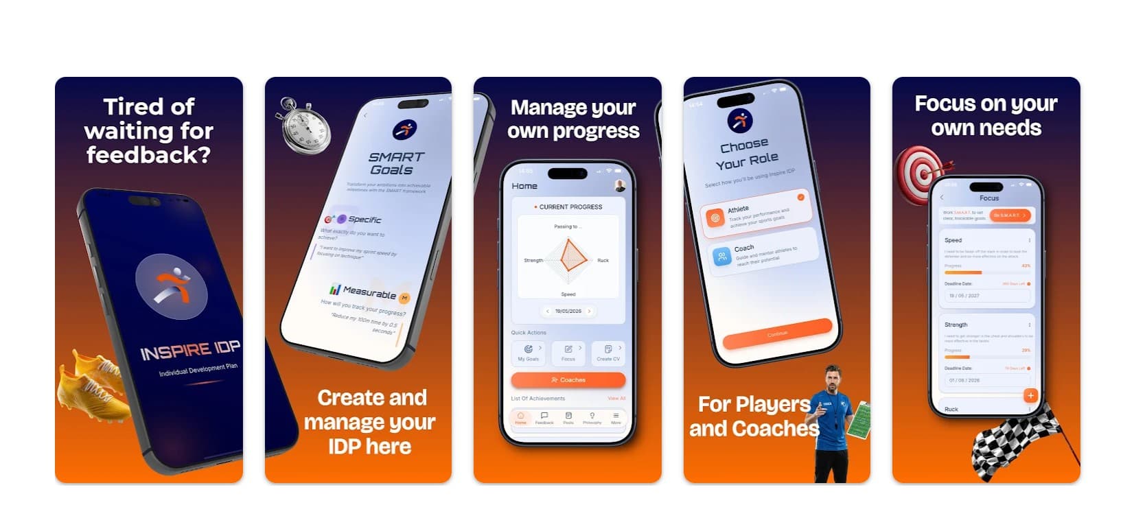 Inspire IDP app screens showing goals, progress charts, and athlete-coach roles