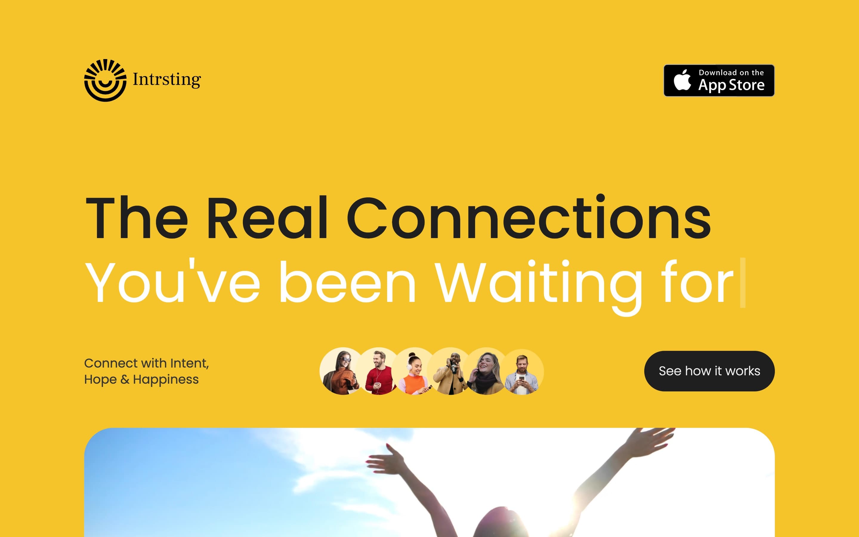 Intrsting website hero with yellow brand backdrop and connection messaging